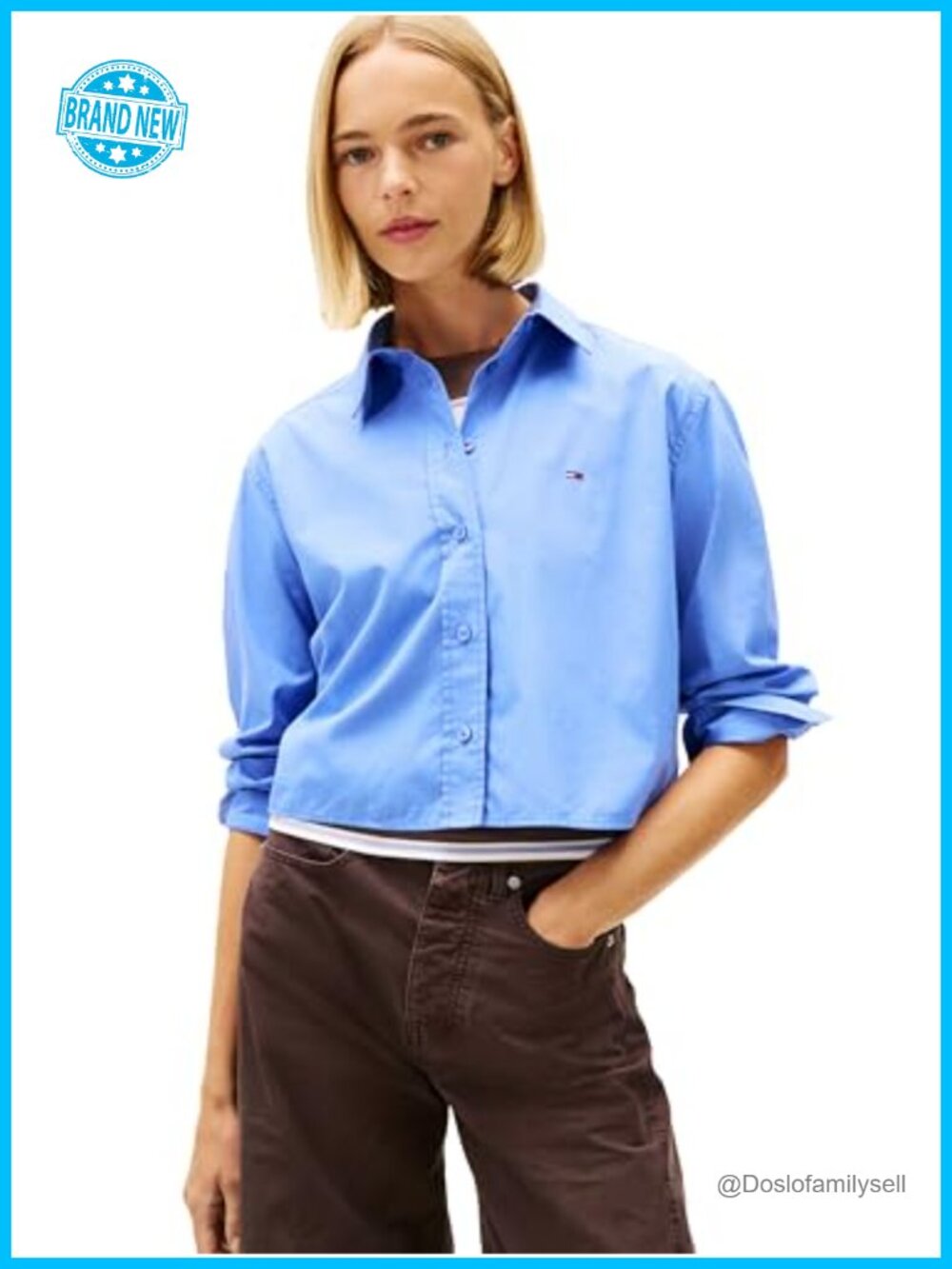 Women's Long Sleeve Cropped Button Up Shirt 100% Cotton Relaxed Fit